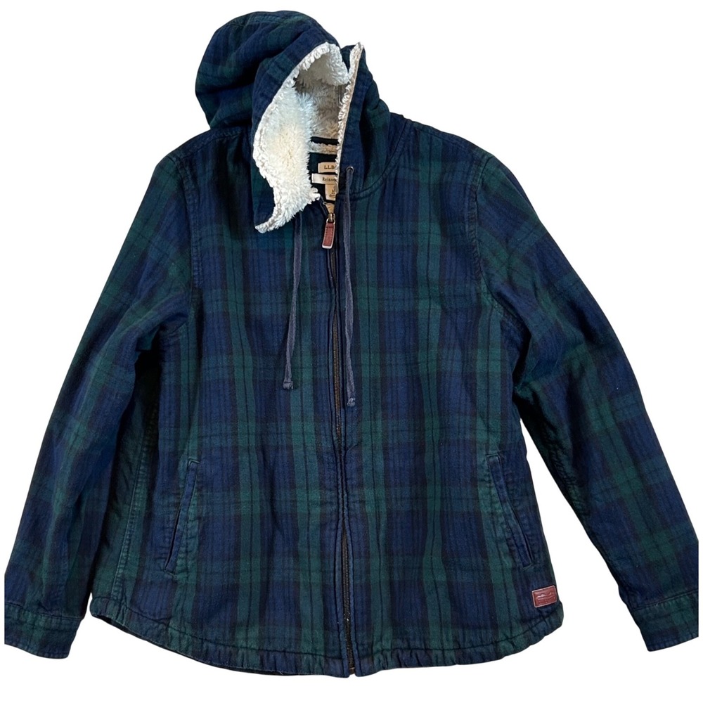 LL Bean Womens M Relaxed Fit Flannel Hoodie Sherpa Lined Scotch Plaid Schacket